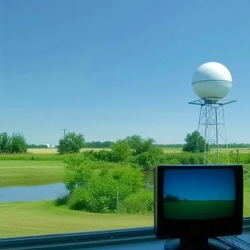 Old television facing a field and water tower.