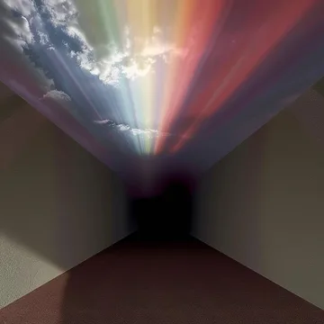 Rainbow light reflected along a narrow hallway.