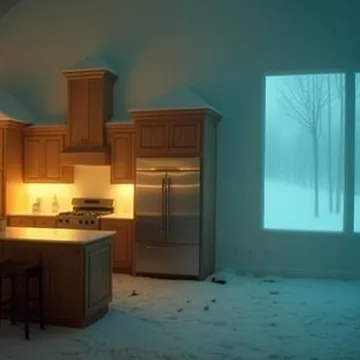 Warmly lit kitchen beside a blue opening.