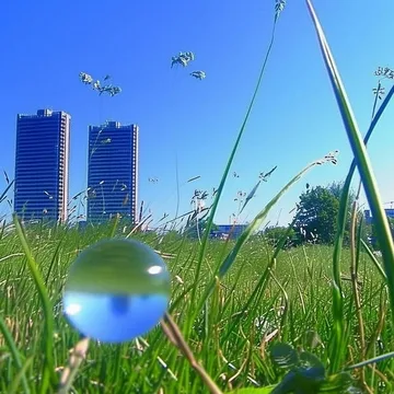 Bubbles in grass before distant blue towers.