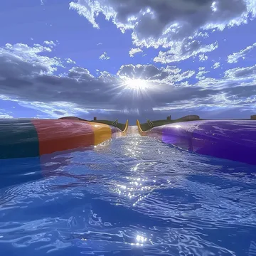 Water slides stretching toward sunlight beneath clouds.