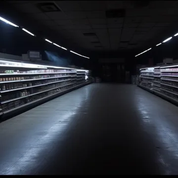Empty supermarket aisle in darkness.
