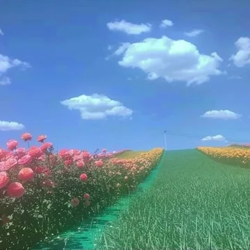 Path through grass and pink flowers.