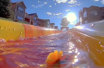 Water slide through a sunlit neighborhood.