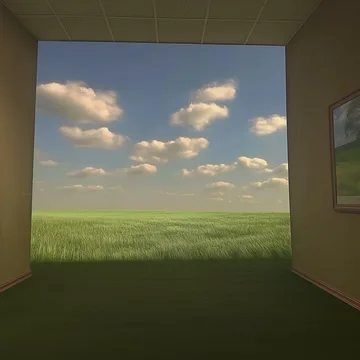 Wide opening onto a green field and clouds.
