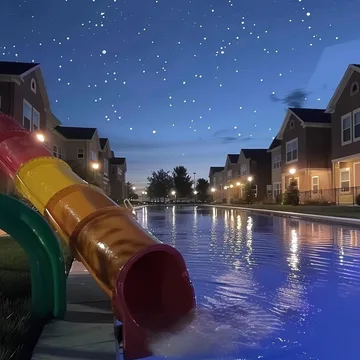 Rainbow slide in a moonlit pool between houses.