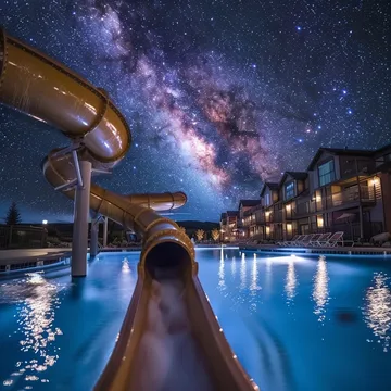 Water slide beneath the Milky Way between houses.