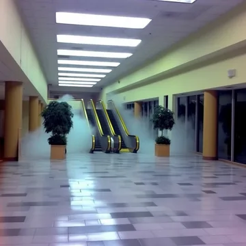 Empty corridor with potted trees.