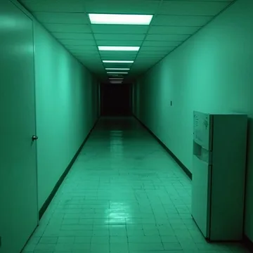 Long turquoise corridor with repeating ceiling lights.