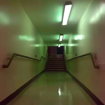Green-lit stairs inside a pink corridor.