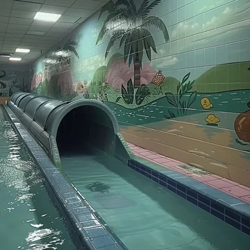 Pale slide beside a tropical mural in an indoor pool.