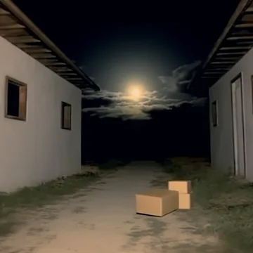 Cardboard boxes between houses at night.