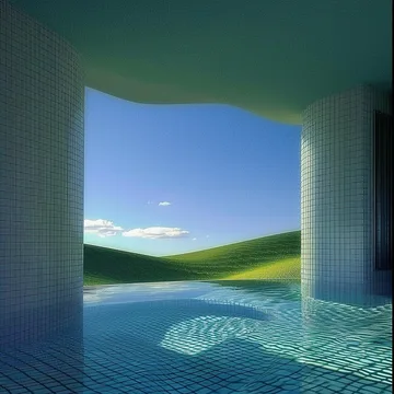 Doorway from a blue pool to green hills.