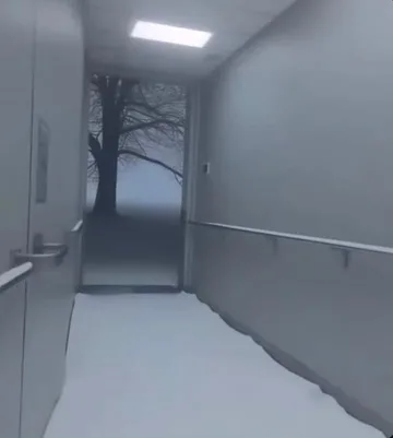 Snow inside a gray corridor with a tree beyond.