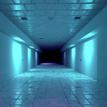 Long blue flooded hallway.