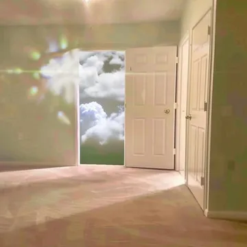 Open doors framing a mass of bright clouds.