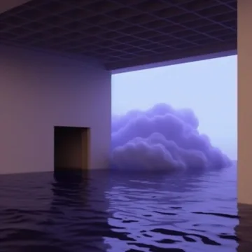 Cloud above dark water in a purple room.