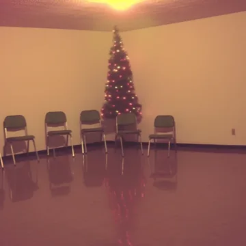 Chairs around a decorated tree in a pink room.
