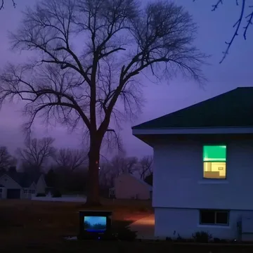 Televisions outside a house beneath a bare tree at night.