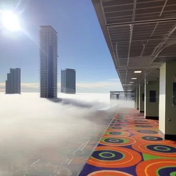 Open walkway beside towers in the clouds.
