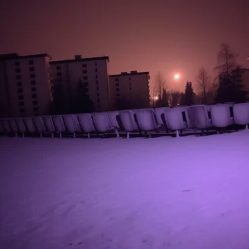Empty purple-lit courtyard under a pale moon.