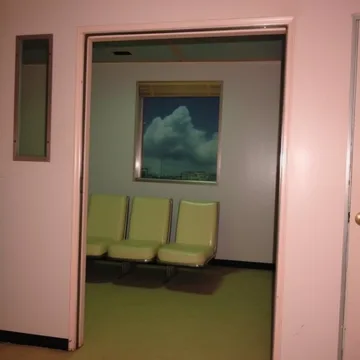 Green waiting chairs beyond a pink doorway.