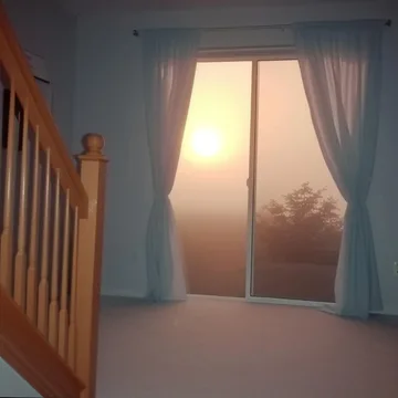 Curtains framing a sunset beside a staircase.