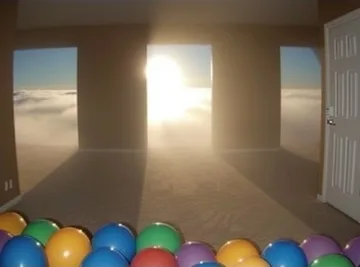Balloons on a floor before open sunlit doors.
