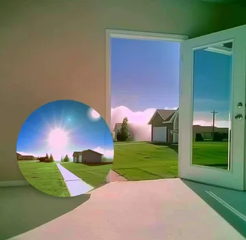 Reflective sphere beside doors opening to green hills.