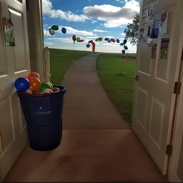 Balloons in a bin beside an open door to a garden.