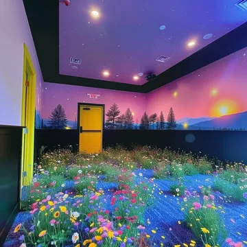 Flowers in a room beneath a purple starry ceiling.