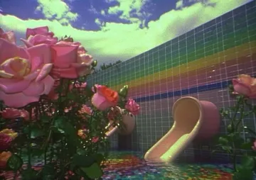 Roses and a water slide outside a colorful building.