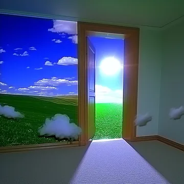 Open door to a green field and bright sun.