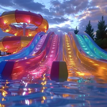Rainbow water slides under a brilliant blue sky.