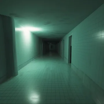 Long turquoise corridor leading into shadow.
