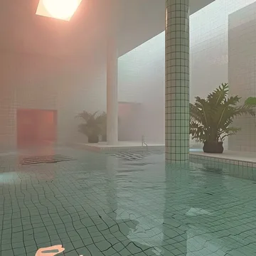 Pale columns reflected in an indoor pool.