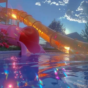 Orange water slide above a pink reflective pool.