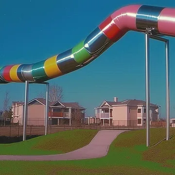 Rainbow tube slide above a pink suburban path.