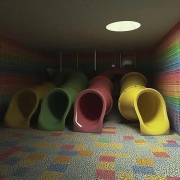 Colored tube openings under a round ceiling light.