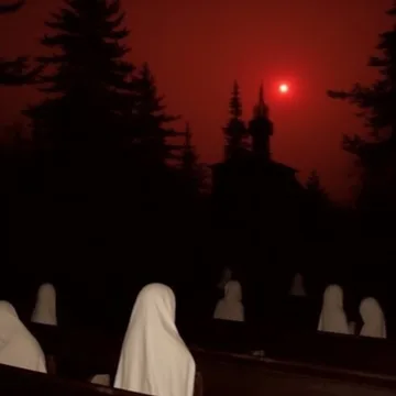 White draped forms beneath a red moon and dark trees.