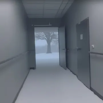 Snow inside a gray corridor with a tree beyond.
