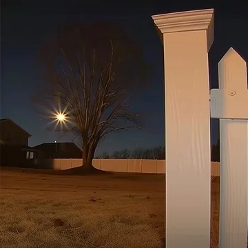 White door standing beside a bare tree at dusk.