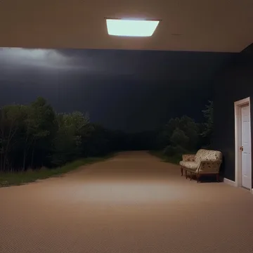 Room opening onto a night landscape.