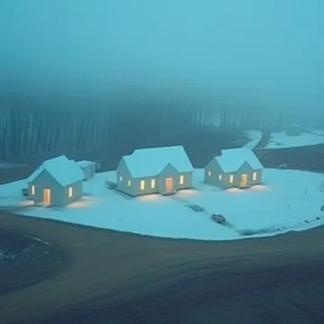 Small houses in a blue snowy landscape.