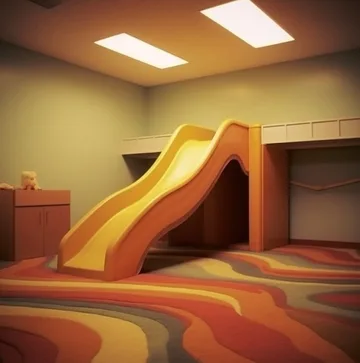 Yellow slide in a warmly lit playroom.