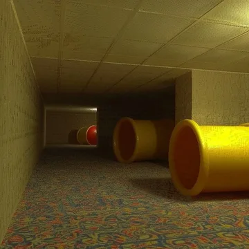 Colored play tunnels in a dim basement.