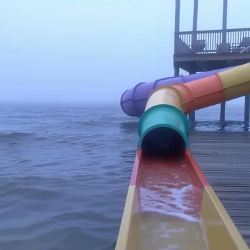Tube slides above dark water in fog.