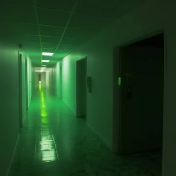 Green-lit corridor leading to a bright doorway.