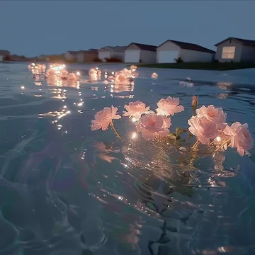 Flowers floating in water outside houses at night.