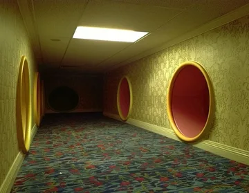 Circular openings in a yellow patterned corridor.